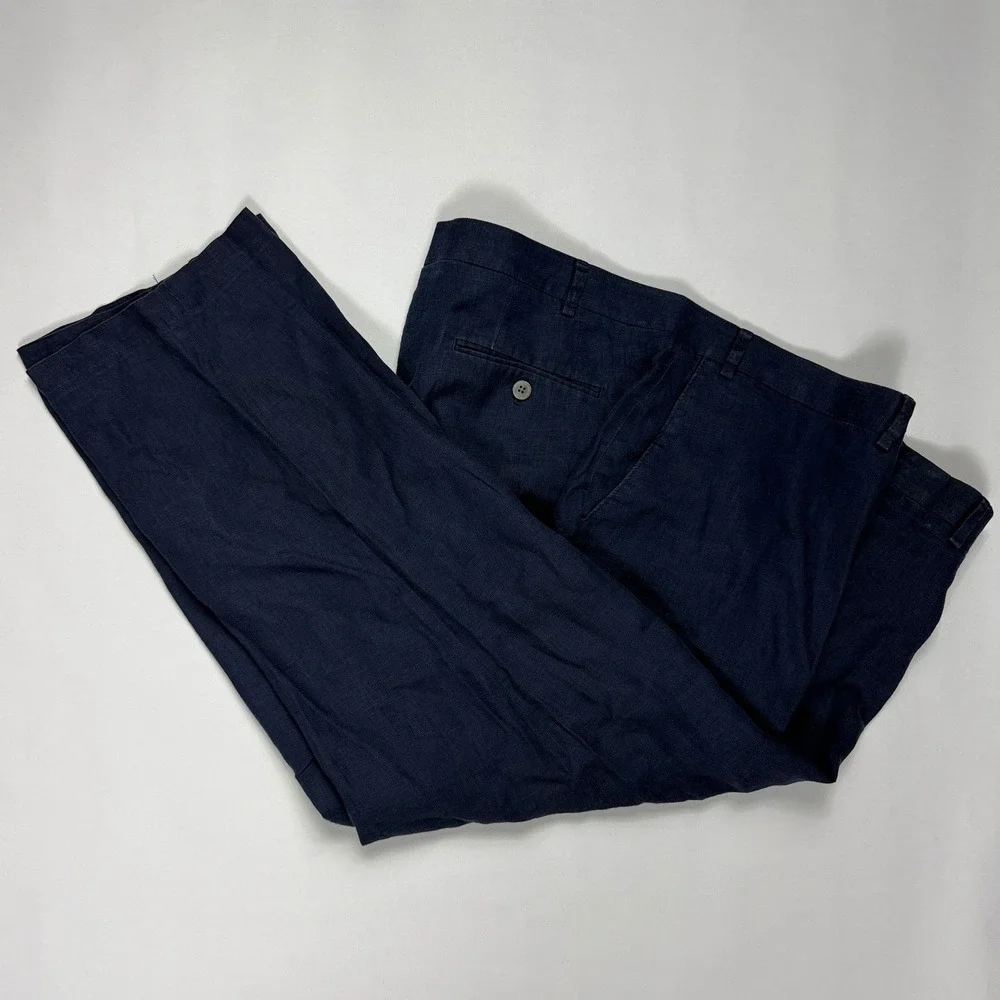 Ralph Lauren Navy Blue Linen Trousers Flat Front Mens Pants 44x26